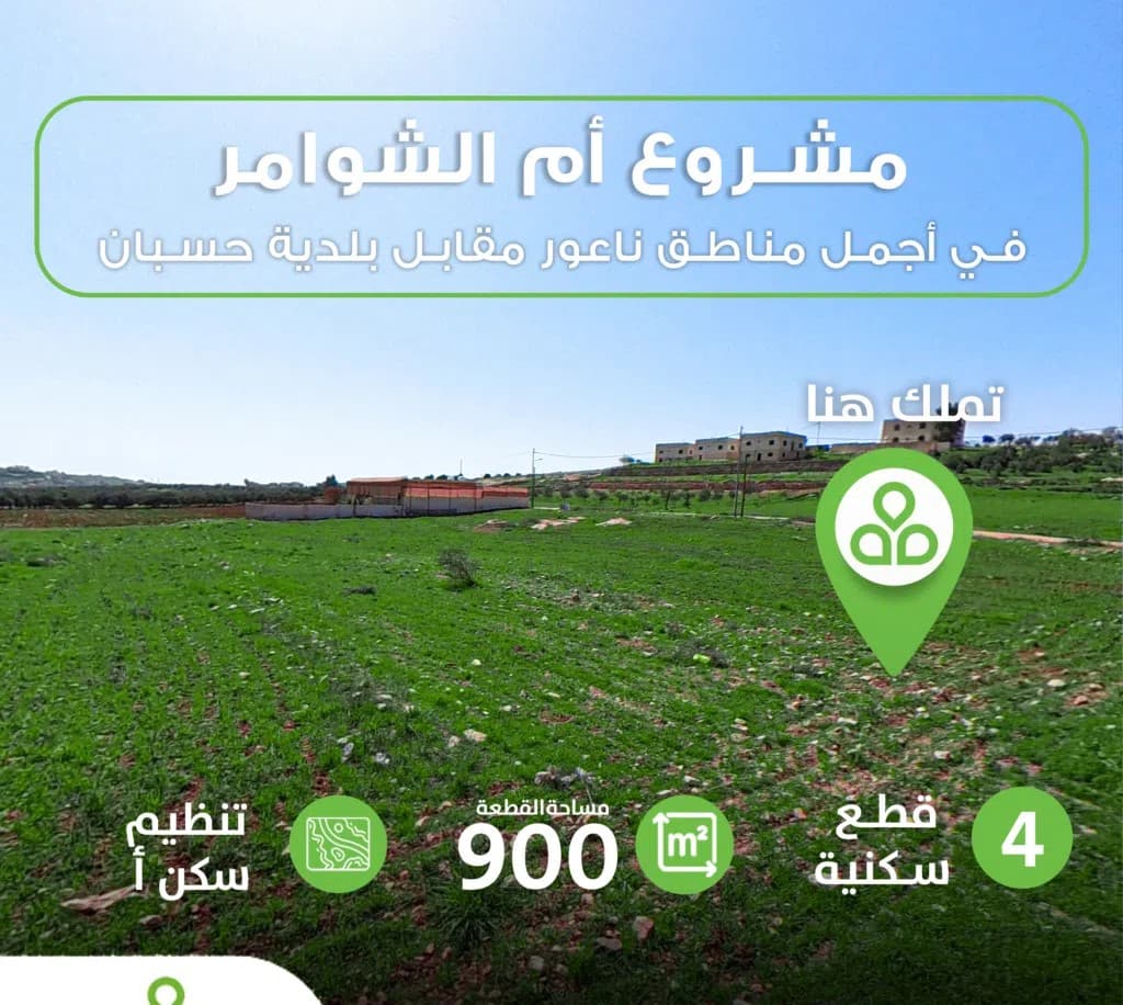 أرض للبيع مقابل بلدية حسبان وشارع مأدبا الغربي ناعور /المساحات 1000م2/سكن (أ)